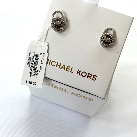NWT authentic MK silver tone pave lock Earrings - Picture 5 of 7